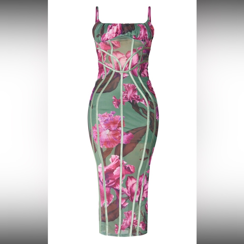 Pretty Little Thing Green & Pink Floral Midi Dress